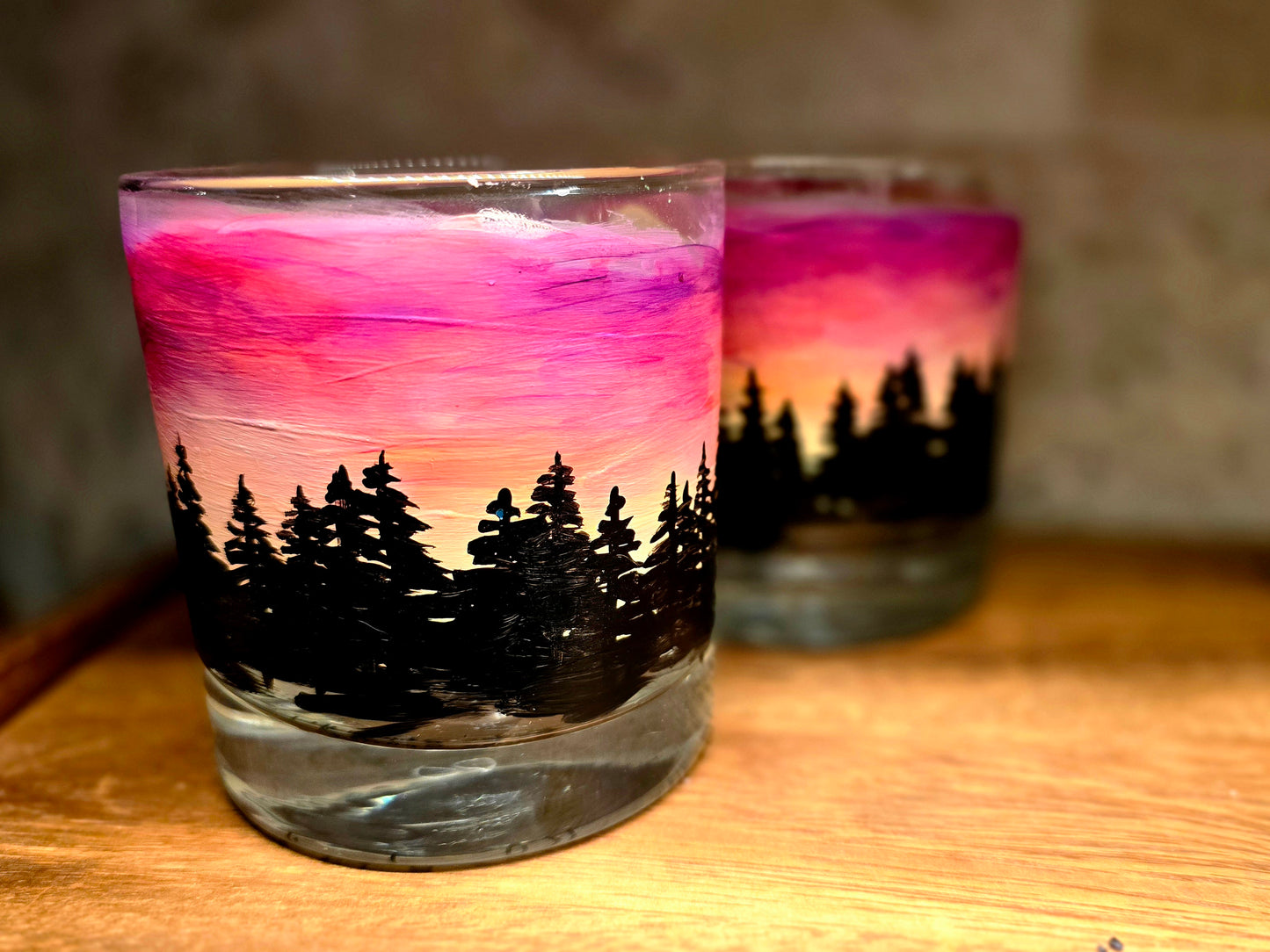 Double Old Fashioned Glass- Skyline Sunset Art